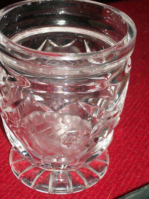 ROSE PATTERN CRYSTAL VASE. SIZE; 11CM SLITE CHIP MARKS ON RIM!!!!PRICE REDUCED!!!
