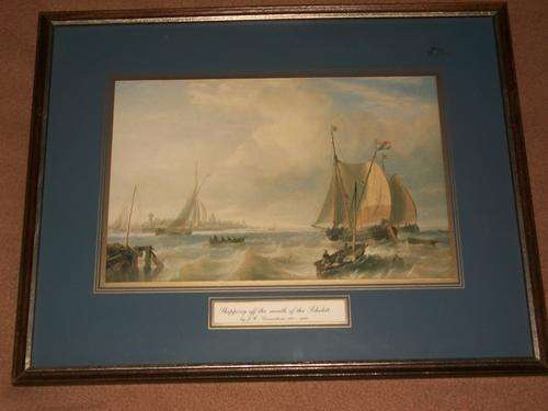 SHIPPING OF THE MOUTH OF THE SCHELDT BY J.W.CARMICHAEL 1800-1868. SIZE:38CM X 30CM INCL FRAME.