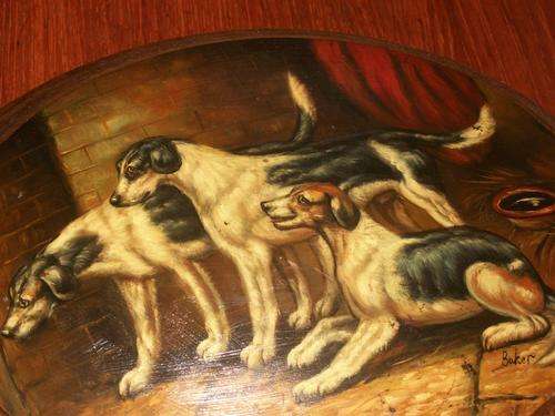BEAUTIFUL DOG SCENE ON WOODEN DOME. SIZE, 32CM X 27CM.