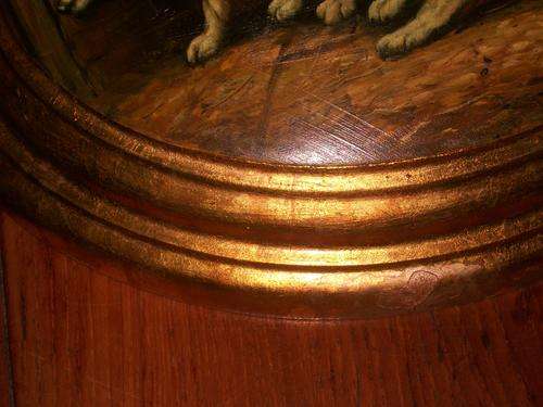 BEAUTIFUL DOG SCENE ON WOODEN DOME. SIZE, 32CM X 27CM.