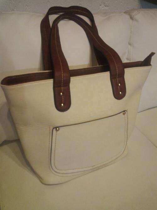 BROWN AND CREAM LEATHER LOOK TOTE BAG