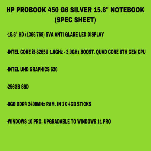 HP ProBook 450 G6 15.6 Inch Notebook - i5 8TH GEN 256GB SSD/8GB RAM (3 Month Warranty)