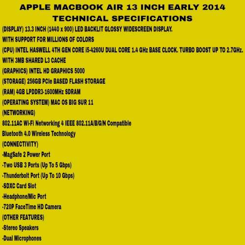 Apple MacBook Air 13 Inch Early 2014 Intel Core i5 256GB SSD/4GB RAM (1 Month Warranty)