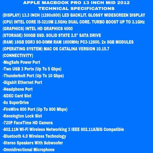 Apple MacBook Pro 13 Inch Mid 2012 Intel Core i5 500GB SSD/16GB RAM (3 Month Warranty)