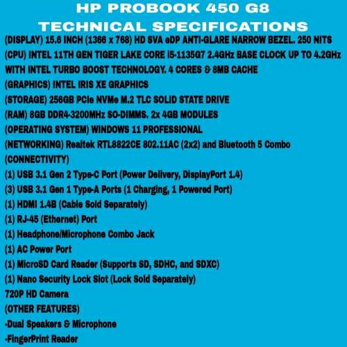 HP ProBook 450 G8 15.6 Inch Notebook Intel 11th gen Core i5 256GB SSD/8GB RAM (3 Month Warranty)