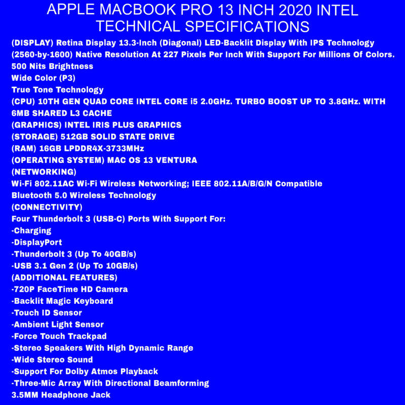 Apple MacBook Pro 13 Inch 2020 Space Grey | Intel Core i5 | 512GB SSD/16GB RAM | (3 Month Warranty)