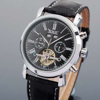 Classic Dial Tourbillion Mechanical Black Leather Band Automatic Wrist Watch