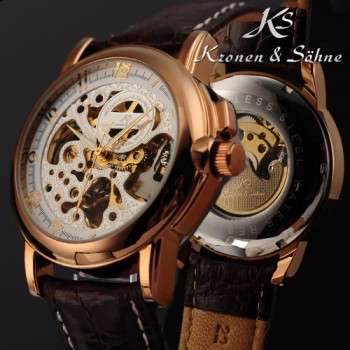 Kronen&Sohne Mens Automatic Skeleton Mechanical Leather Band Gold Watch