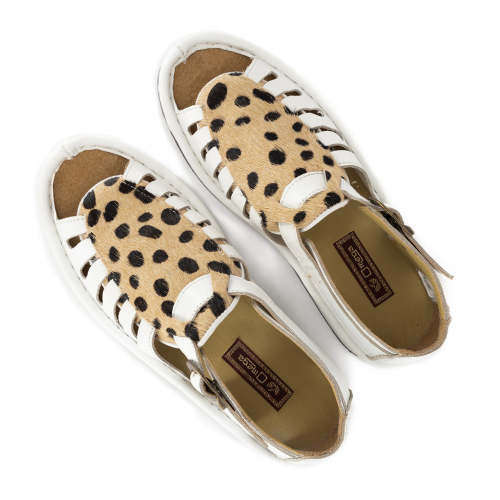 Omega Kgosi - White Soft Saddle Leather & Cheetah Print Sandals