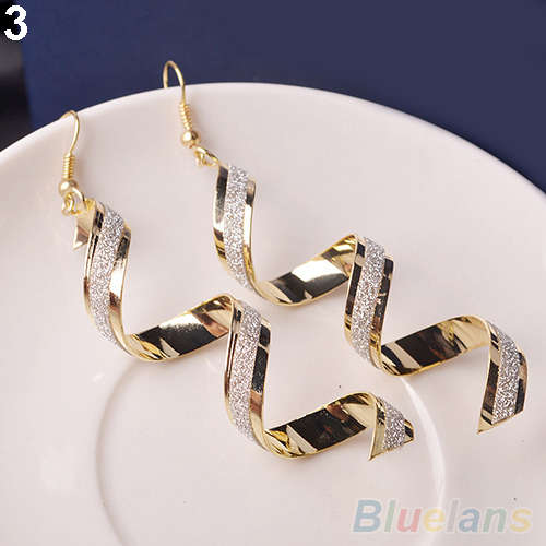 VINTAGE STYLE ALLOY SILVER &GOLD LARGE  DULL POLISHED TWIRLEY  DANGLE  EAR RINGS