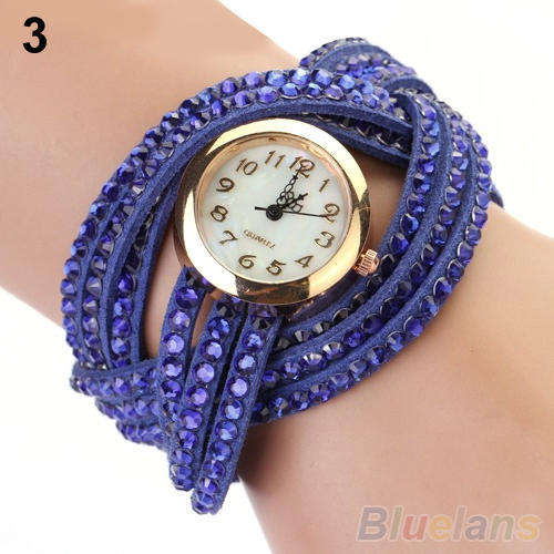 WOMEN VINTAGE STYLE MULTI LAYER WEAVED RHINESTONE LEATHER WATCH BRACELET
