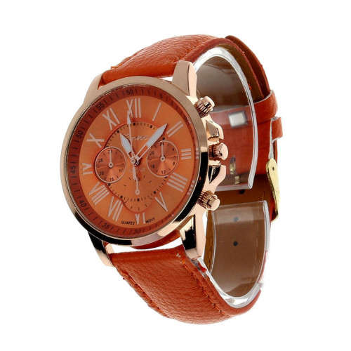 ROMAN NUMERALS FAUX LEATHER ANALOG ORANGE QUARTZ WATCH