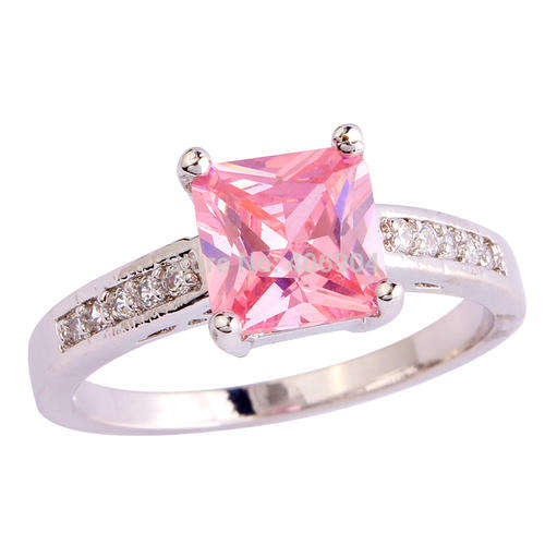 NEW FASHION SILVER PLATED PINK PRINCES CUT TOPAZ RING SIZE 10