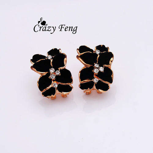 FASHION FLOWER CRYSTAL EAR RING STUDS BLACK