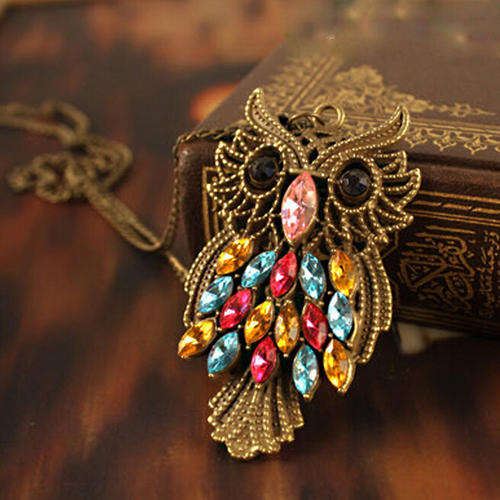 ANTIQUE RHINESTONE LONG CHAIN OWL NECKLACE