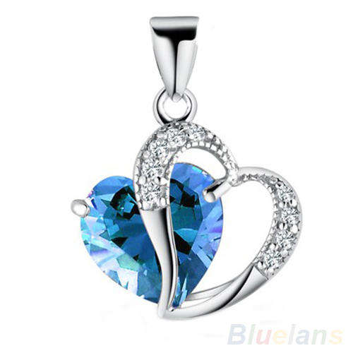 SILVER PLATED BLUE CRYSTAL HEART NECKLACE WITH CHAIN 18 INCH