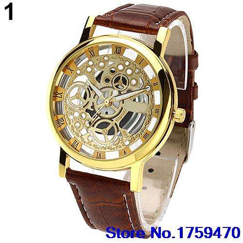 MENS ROMAN NUMERALS FAUX LEATHER SKELETON WATCH