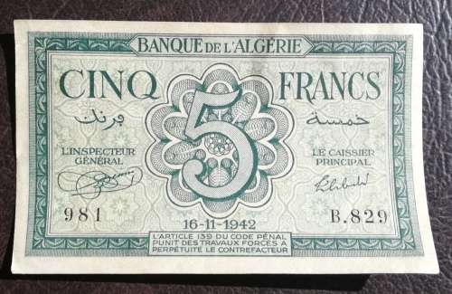 Algeria, 5 Francs, 1942