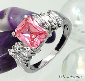 Exquisite Simulated 10mmx9mm Emerald cut Pink Sapphire & diamond Ring - Size 9