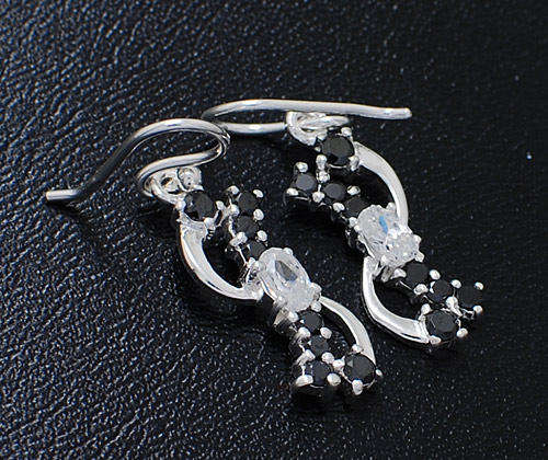 SOLID Sterling Silver simulated white & Black diamond Drop Earrings