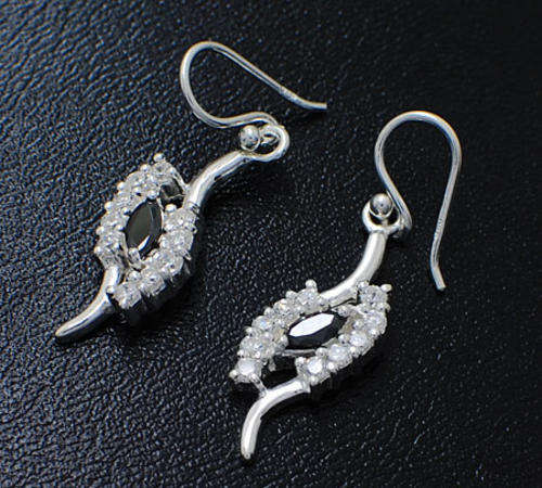SOLID Sterling Silver simulated white & Black diamond Drop Earrings