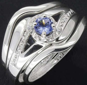 Stunning Simulated Tanzanite Triple Set Solid Sterling Silver Ring - size 9