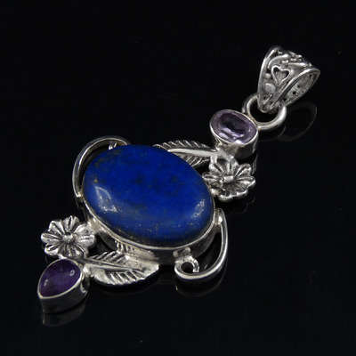 ONE OF A KIND!!! Sterling Silver Hand-made Pendant with Genuine Lapis Lazuli & Amethyst Stones