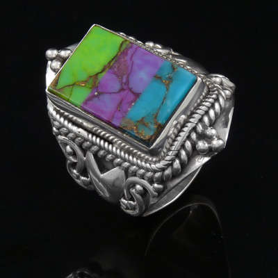 ONE OF A KIND !!!! Green/Purple/Blue Copper TURQUOISE Solid Sterling Silver ring - Size 6 / M