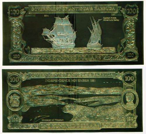 1981 ANTIGUA/BARBUDA $100 GOLD PIRATE CAPTAIN KIDD