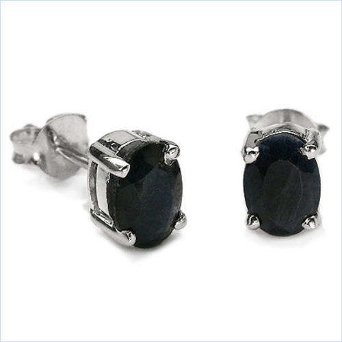 Genuine Sapphire Oval Stud .925 Sterling Silver Earrings 2.00CTW
