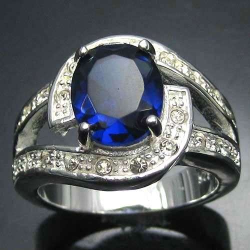 OVAL BLUE SAPPHIRE & DIAMOND RING SET IN SOLID 925 STERLING SILVER