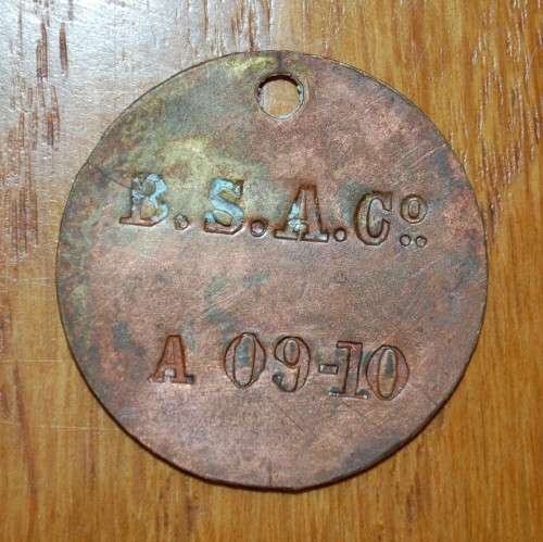 ` B.S.A.Co Hut tax Token 1090-1910 Male Token ` `