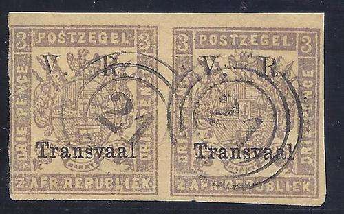 ZAR/Transvaal: 1877 overprints: SACC 119 fine used pair: CV R 400 -see below