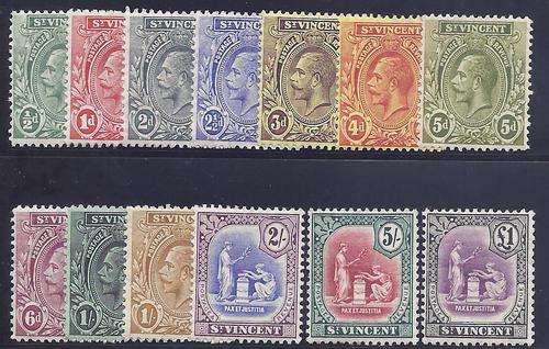 St. Vincent: Complete 1913 set of 13 fine mint. CV R 1820. SG 108/20. See below.