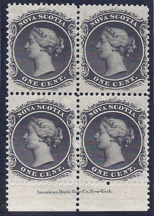 Nova Scotia: 1860/3 set: SG 18 in superb UMM/MNH imprint block. See below.