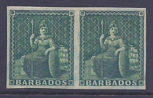 Barbados: 1852/5 1/2d deep green (SG 2) very fine mint pair. CV R 4200. See below.
