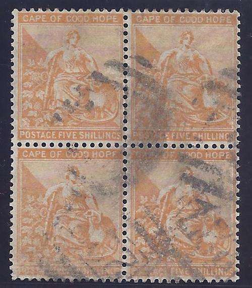 Cape/Griqualand West: 5s 1871 block of 4 with BONC 227 (Kimberley) datestamp. CV R 1800++. See below