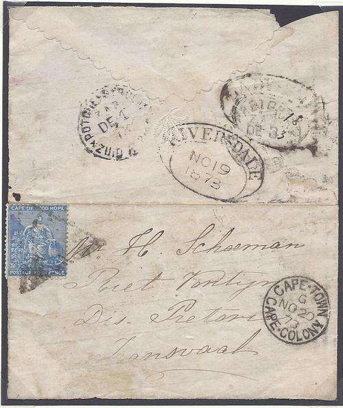 Cape/Transvaal: Historic 1873 cover Ladysmith/Riversdale/Cape Town/Potchefstroom/Pretoria. See below