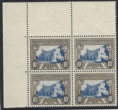 Union 1939 10/- blue & sepia top left corner block superb MNH. SACC 63/SG 64c. See below.