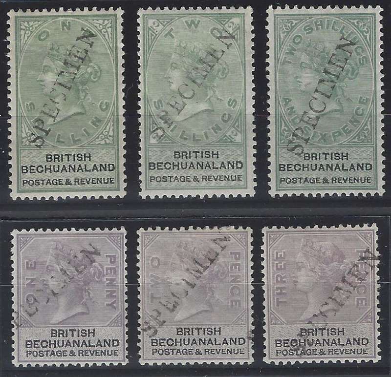 Bechuanaland 1887 Scarce group of 6 SPECIMENs fine mint. SACC 10/12S, 15/17S. See below.