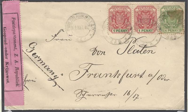 Boer War: 1900 Censor "FREDERIKSSTAD" cover with RARE "SS" spelling. See below.