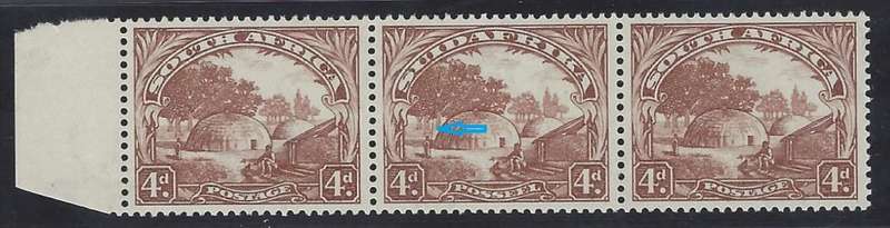 Union: 1932 Roto 4d `Spear Flaw` strip Superb MNH. See below.
