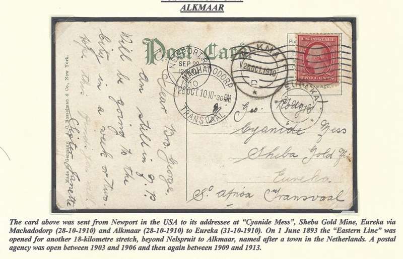 Transvaal Postal Agencies/Post Offices: ALKMAAR/Eureka. See below.