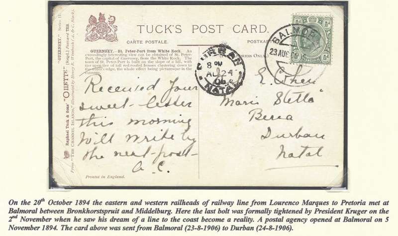 Transvaal Postal Agencies/Post Offices: BALMORAL. See below.