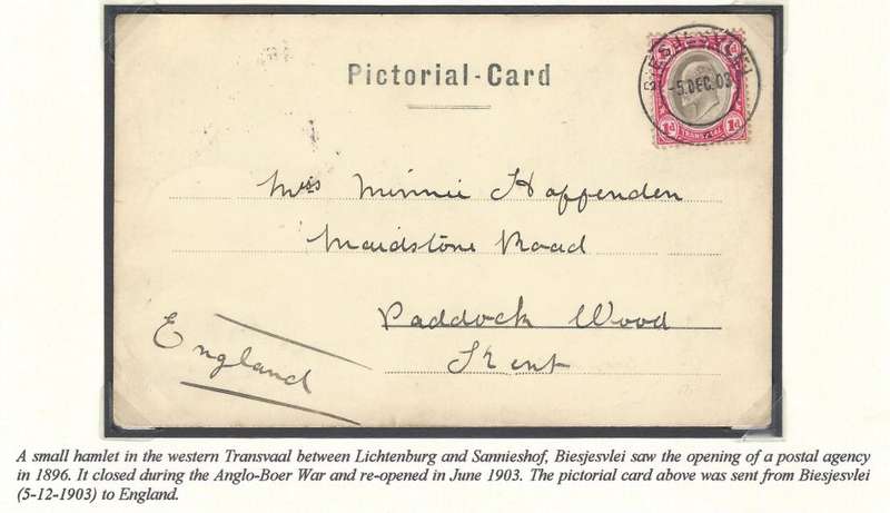 Transvaal Postal Agencies/Post Offices: BIESJESVLEI. See below.