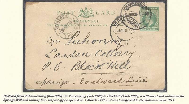 Transvaal Postal Agencies/Post Offices: BLACKHILL. See below.