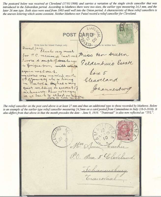 Transvaal Postal Agencies: UNRECORDED CLEVELAND RELIEF CANCELLERS - 2 cards/2 types. See below.