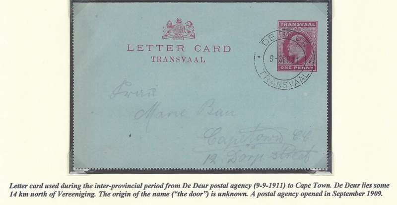 Transvaal Postal Agencies/Post Offices: DE DEUR. See below.