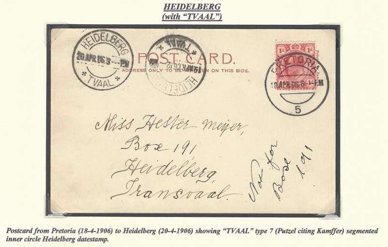 Transvaal Post Offices: the rare HEIDELBERG/"TVAAL" Putzel 29mm type 7 cds. See below.