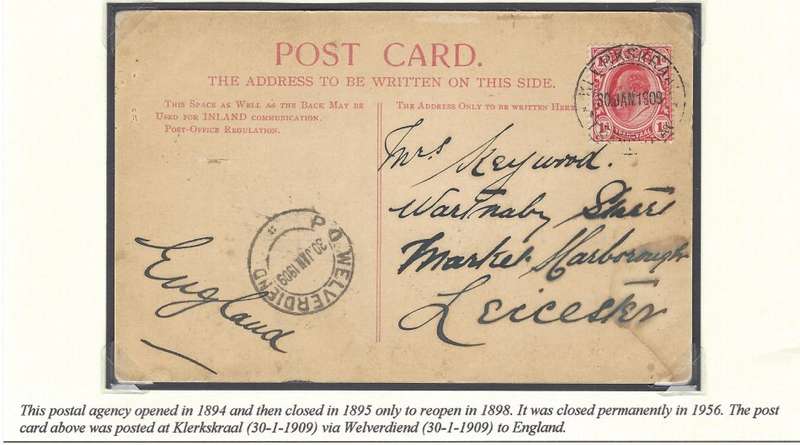 Transvaal Postal Agencies/Post Offices: KLERKSKRAAL via WELVERDIEND to the UK. See below.